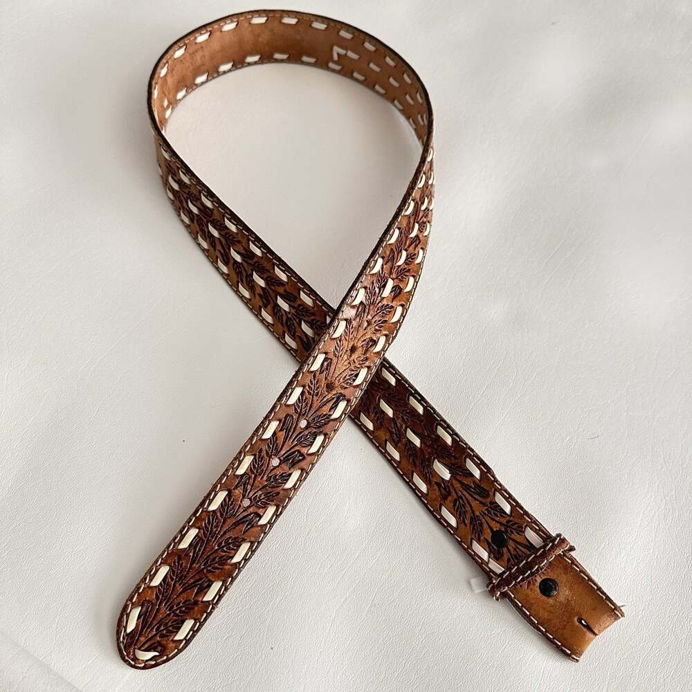 Western Leather Hand Tool Belt Men’s 38 Brown Floral Embossed Grubbs Monogram